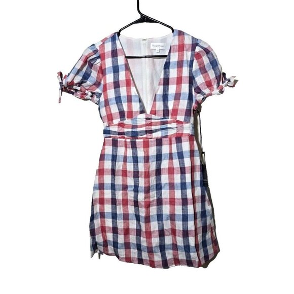Revolve Privacy Please Dress Sz XS Emilia Mini Linen Plaid Cottagecore Patriotic - Picture 1 of 12